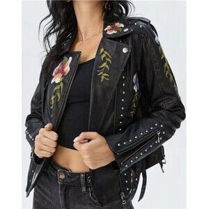 (T6) Jaque Studded Black Faux Leather Zipper Embroidered Flower  Women's Sz S
